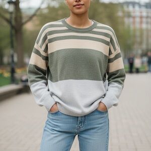 Stylish Olive Blue and Cream Striped Women's Sweater